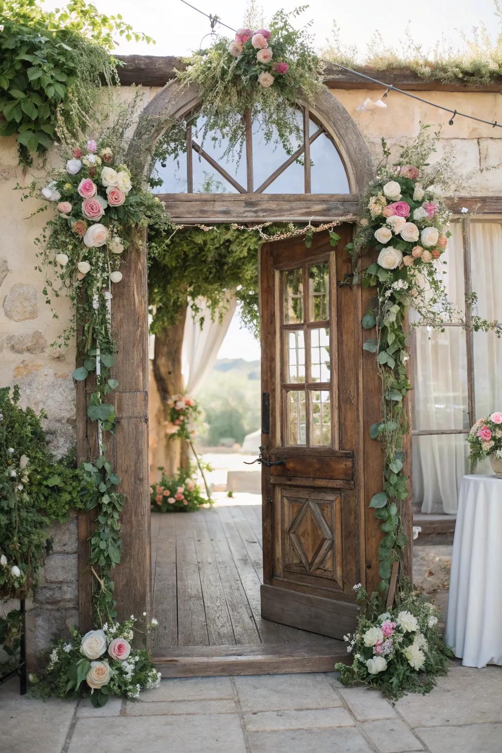 Sentimental charm with an aged gateway background.
