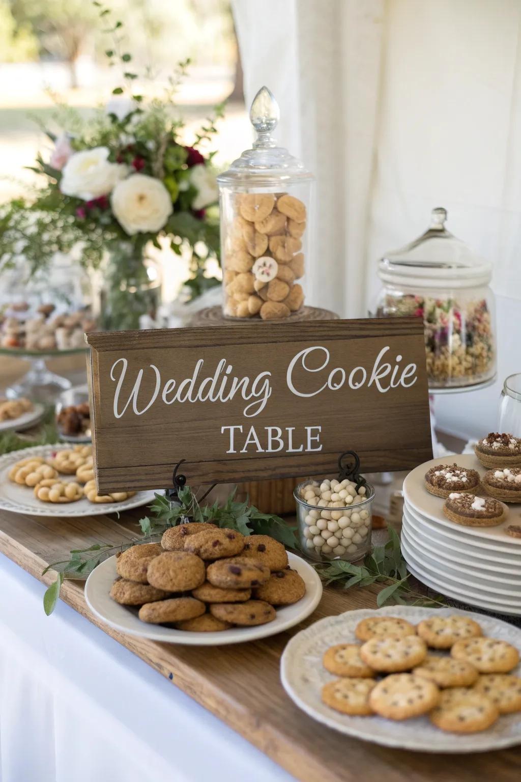 Decorative signage adds a welcoming touch to a wedding cookie table.