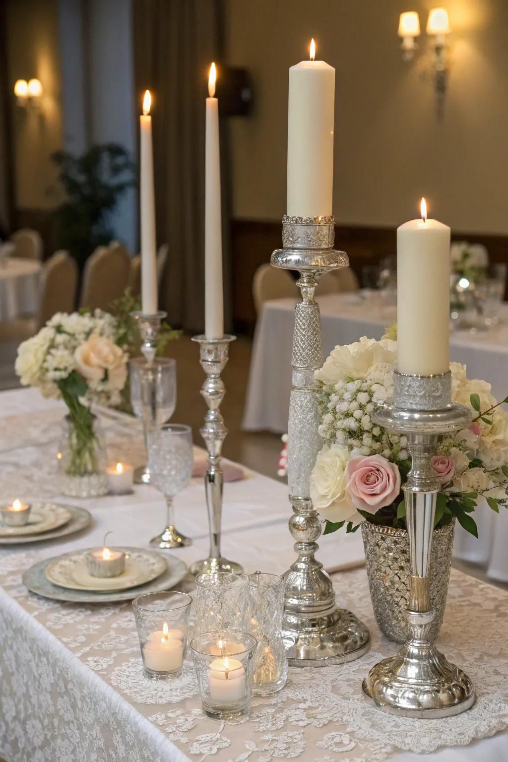 Elegant candle displays on wedding tables, crafting a warm and inviting ambiance.