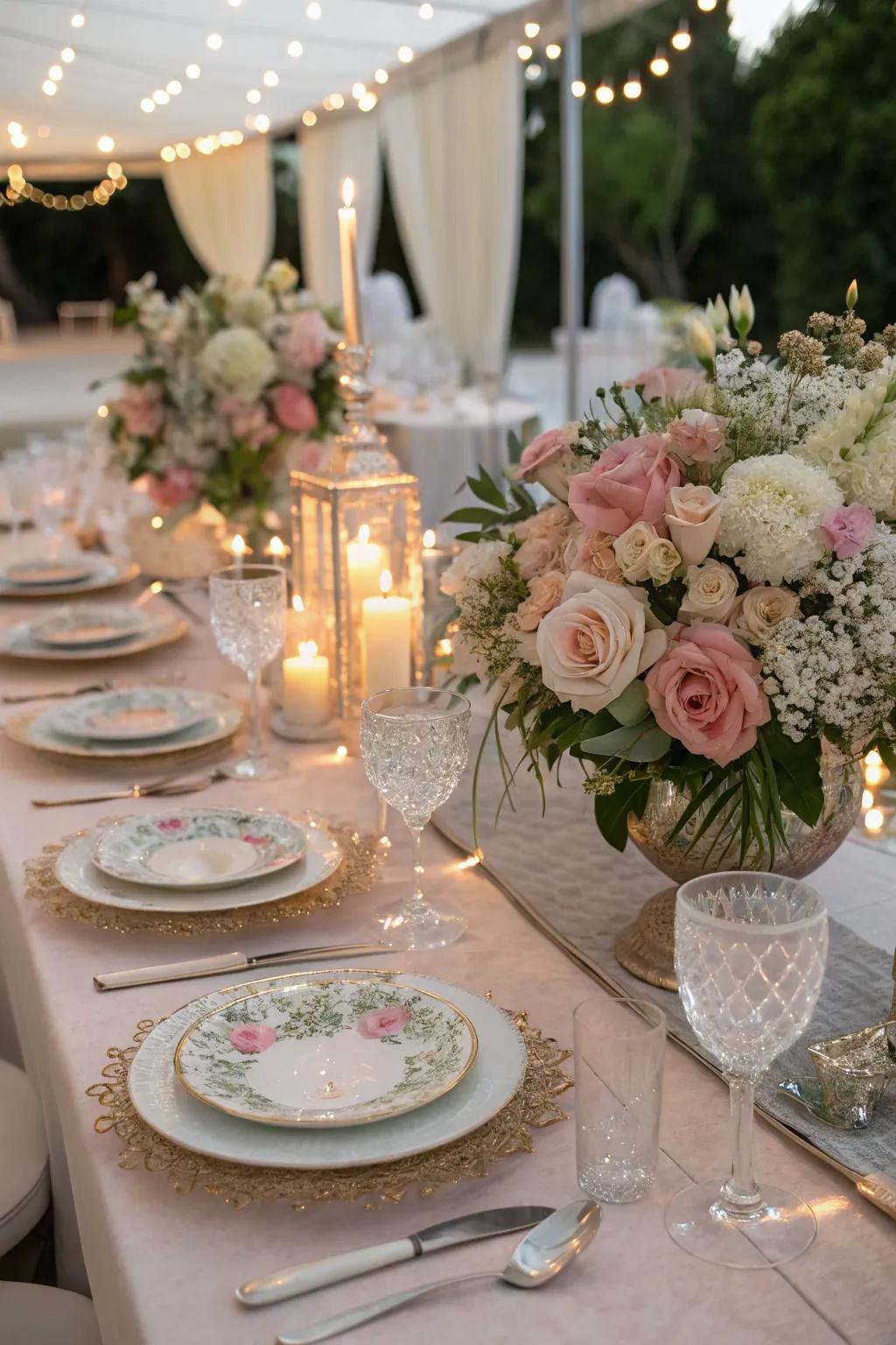 A matching table setting with floral arrangements and complementary tableware, creating an inviting atmosphere.