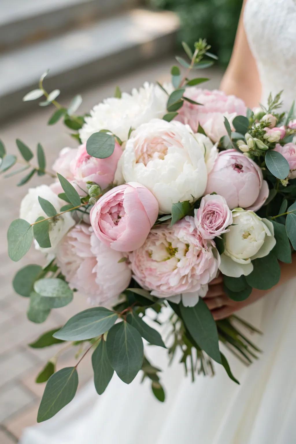 A classic peony bouquet with soft pink and white shades.