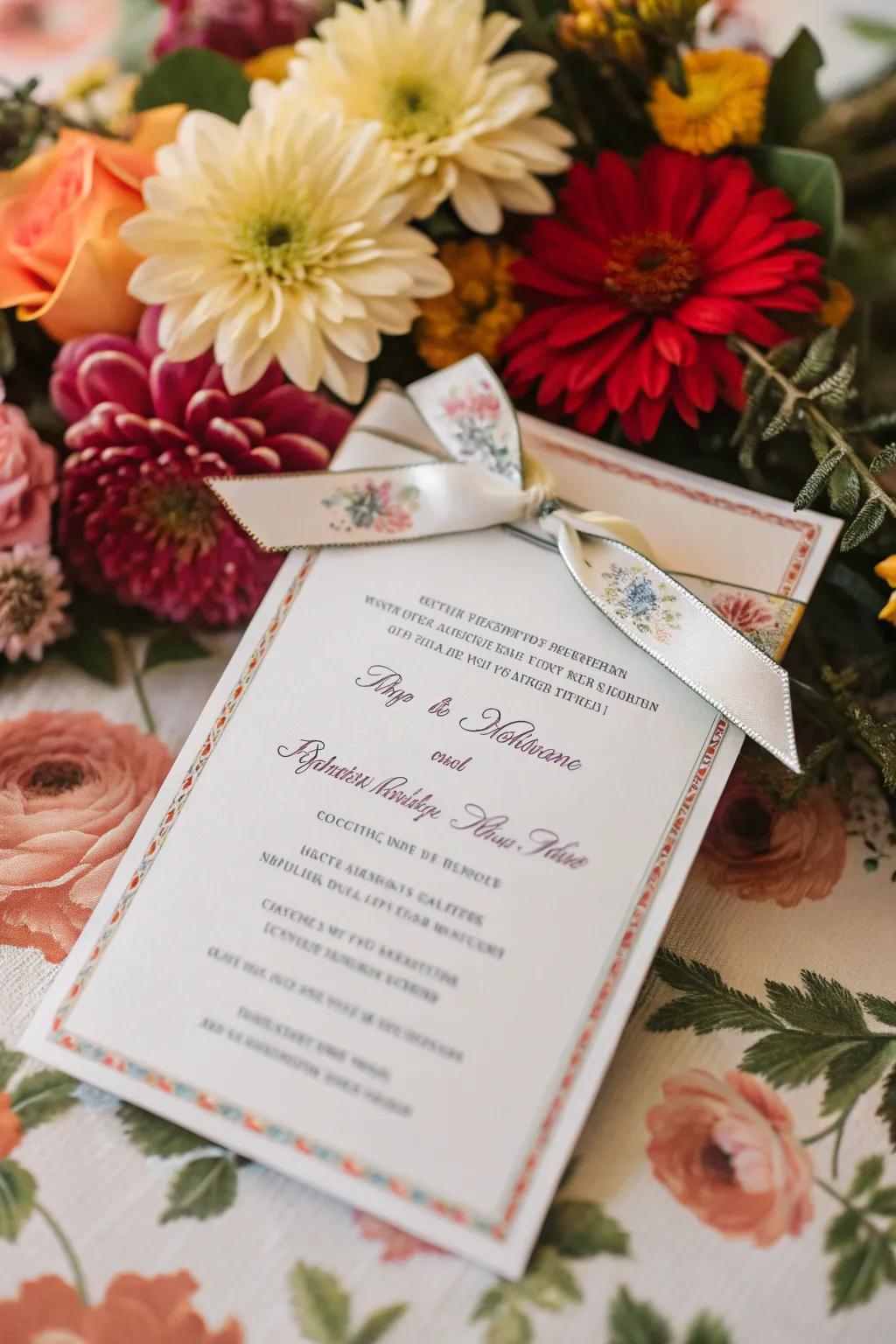 Tailored messages on ribbon for wedding invitations.