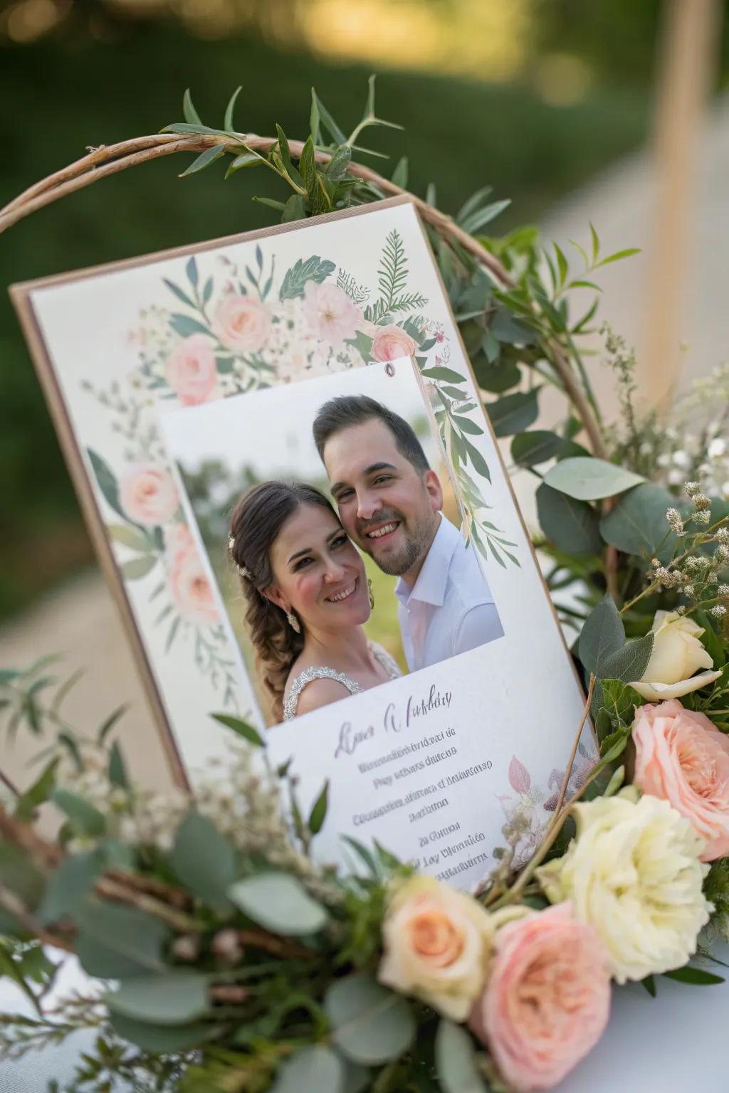 A personalized wedding invitation displays a photo of the couple.