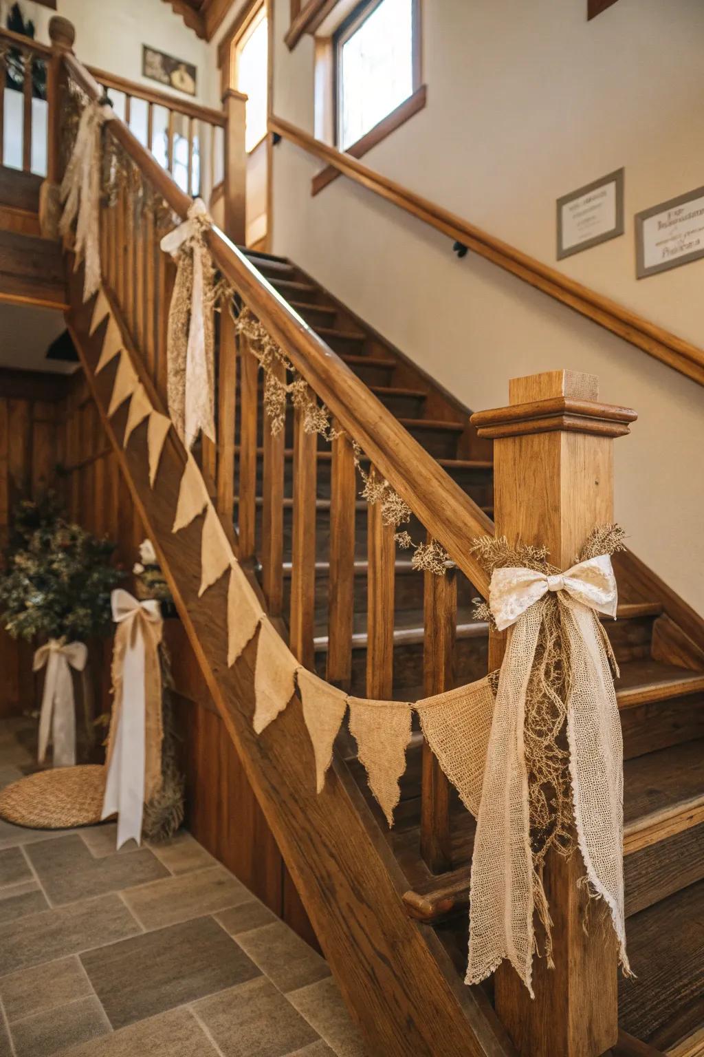 Earthy timber characteristics and sackcloth introduce a cozy appeal to this stairway.