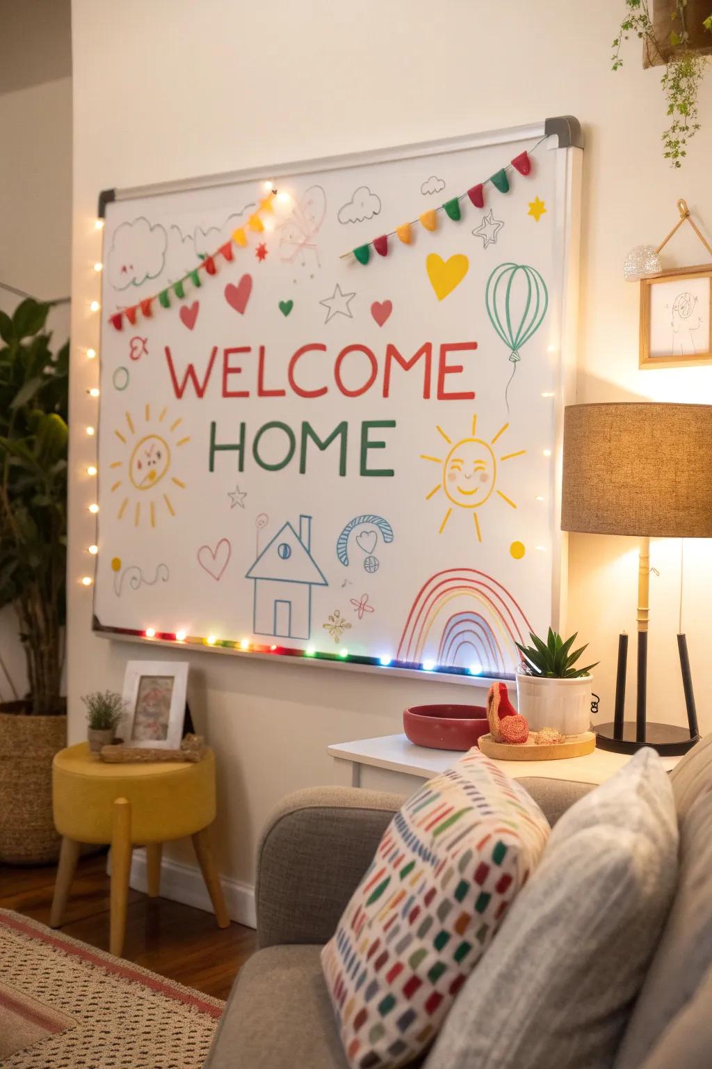 A vibrant welcome message featuring brilliant details on a magnetic writing surface.