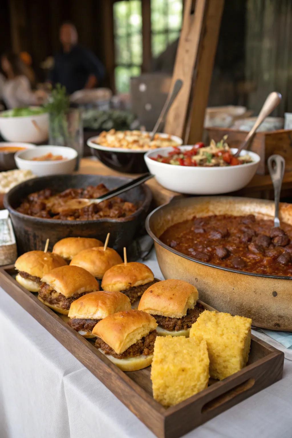 A hearty bar filled with smoked meat bites and chili is certain to satisfy.