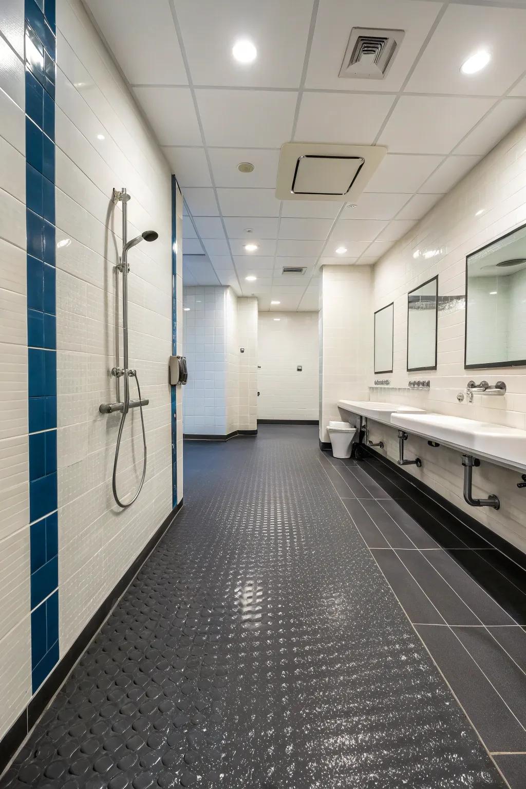 Rubber flooring is a safe and comfortable option for wet rooms.
