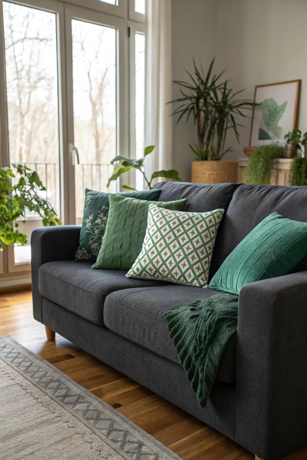 Verdant cushions introduce a revitalizing and natural sensation on a dark grey sofa.