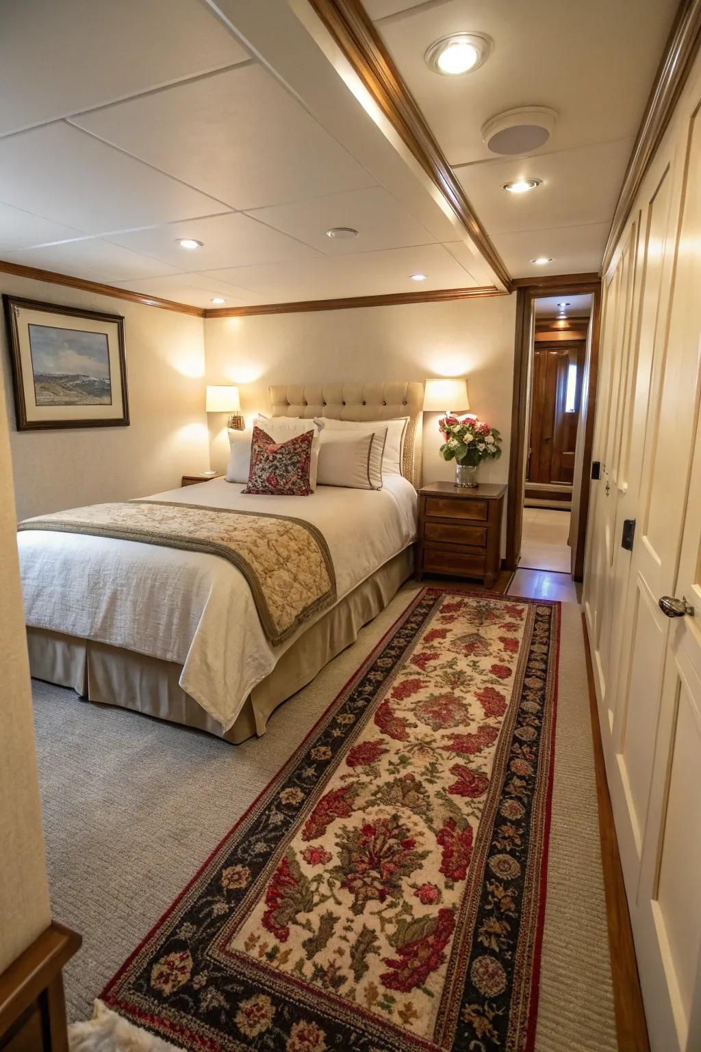 Passage rugs provide a stylish and functional solution in confined bedroom settings.