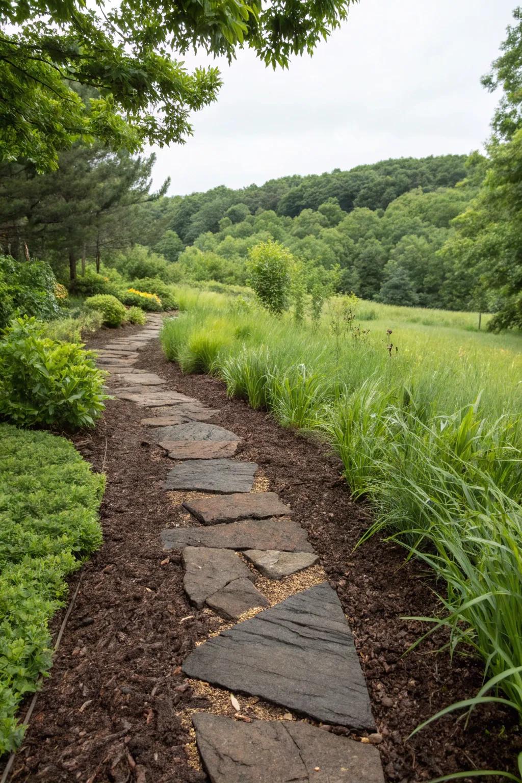 Ground cover provides a natural and earthy sensation between flagstones.