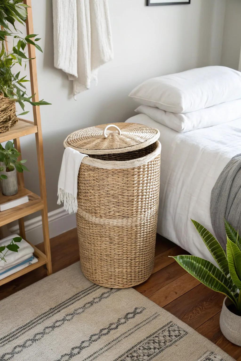 A lidded basket disguises your laundry while keeping your bedroom uncluttered.