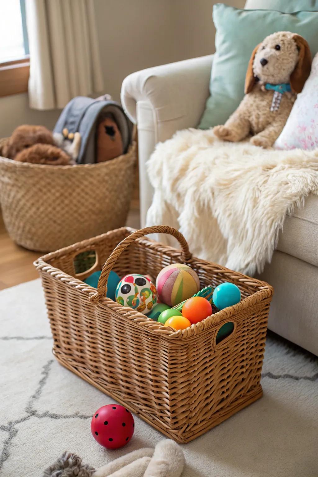 A basket holding pet toys helps keep your furry friend's playthings in order.