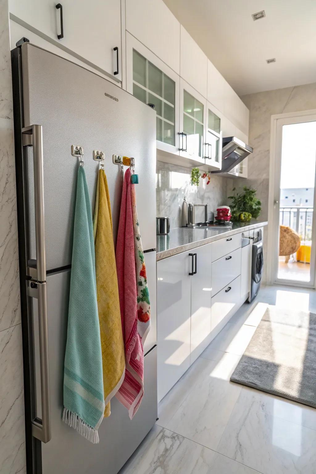 Hang linens on the refrigerator door for an unexpected and handy storage location.