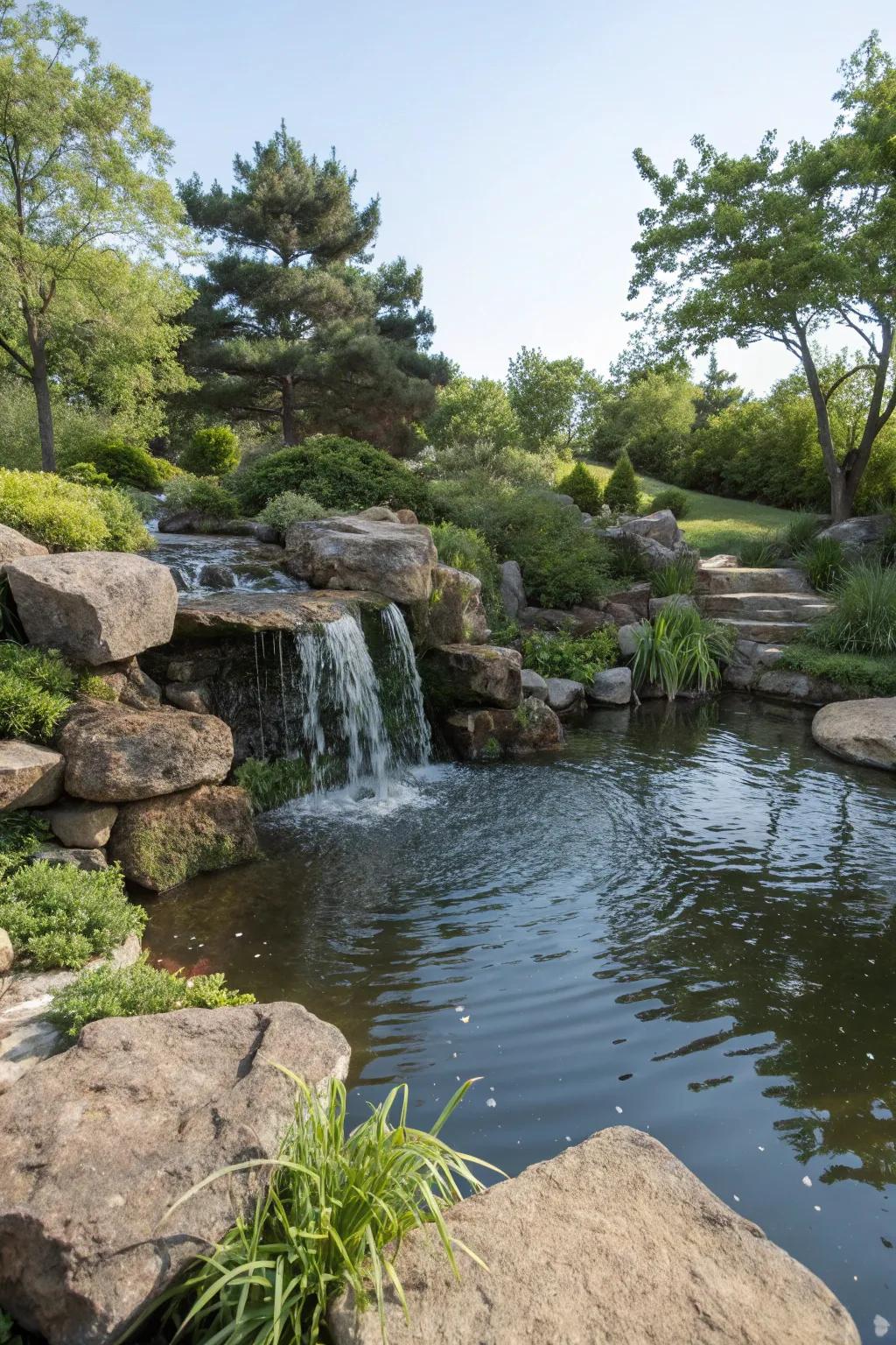 Water elements like small cascades create a tranquil garden setting.