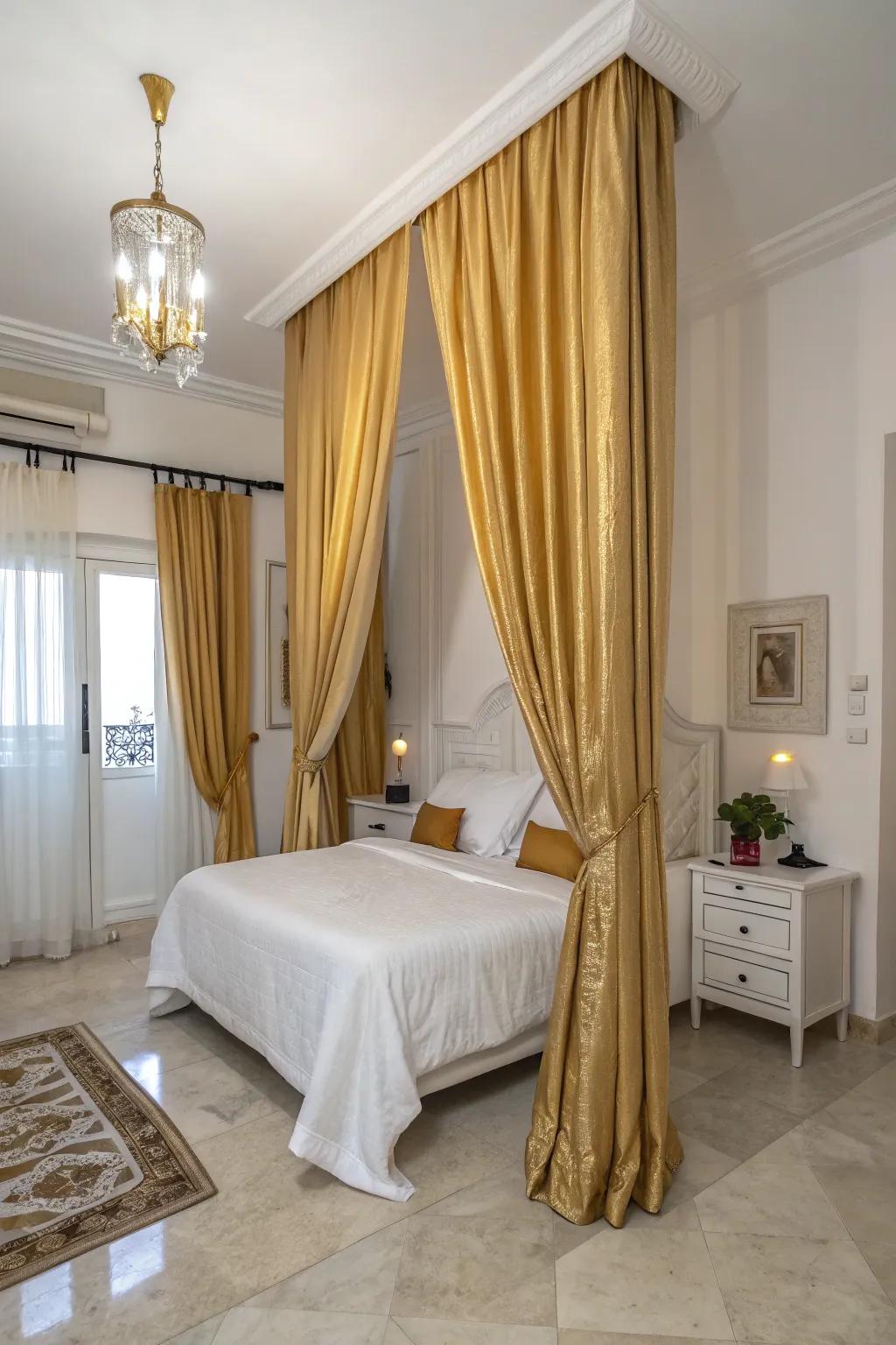 Gold drapes offer elegance and seclusion.