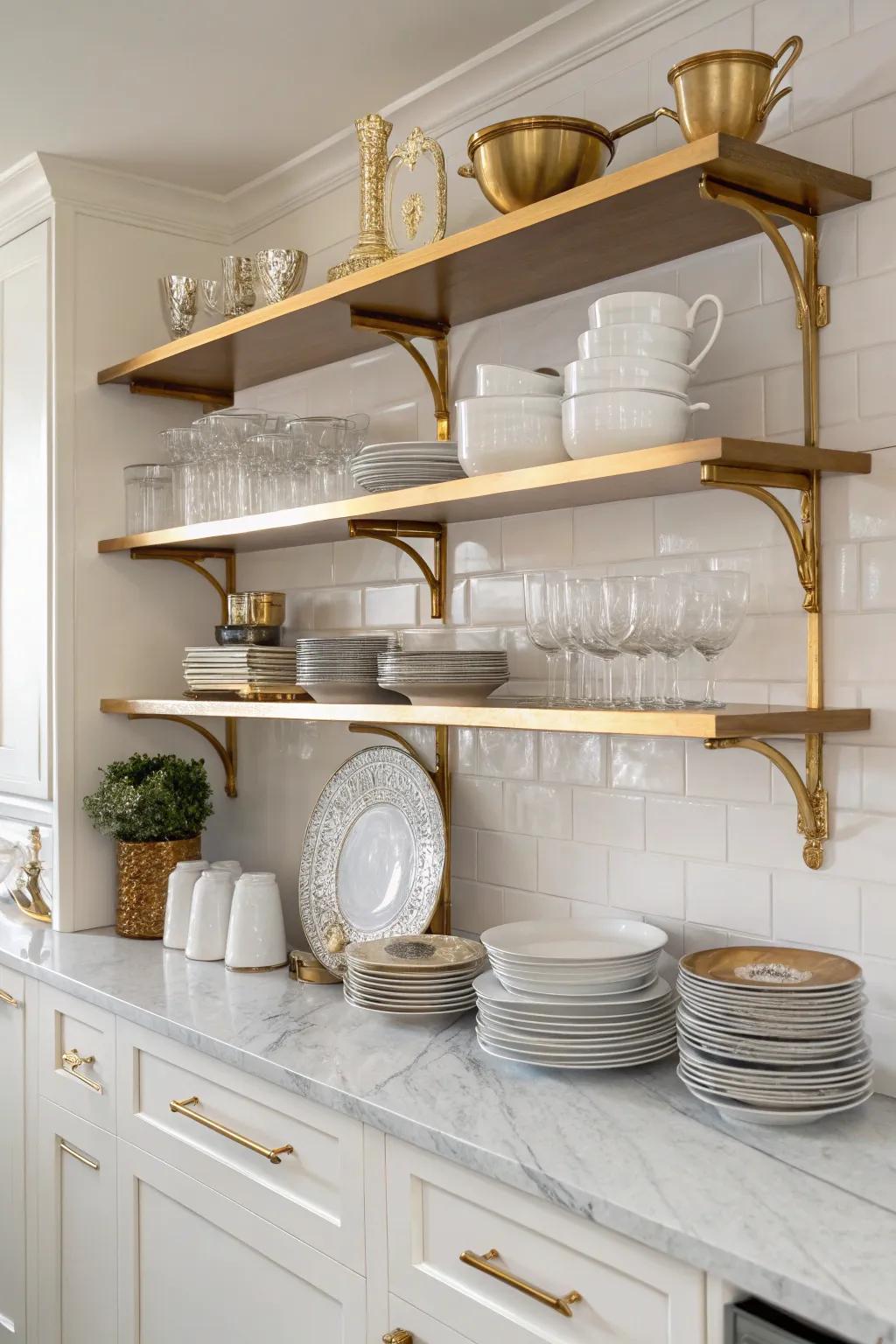 Open storage featuring gilded hardware delivers both style and practicality.