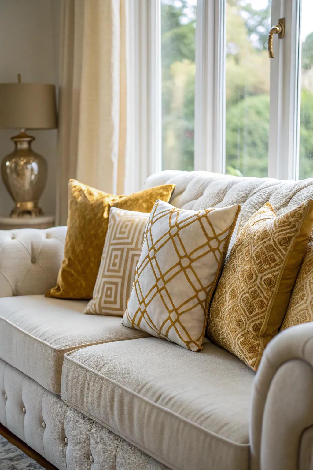 Cushions in gold and white contribute comfort and style effortlessly.