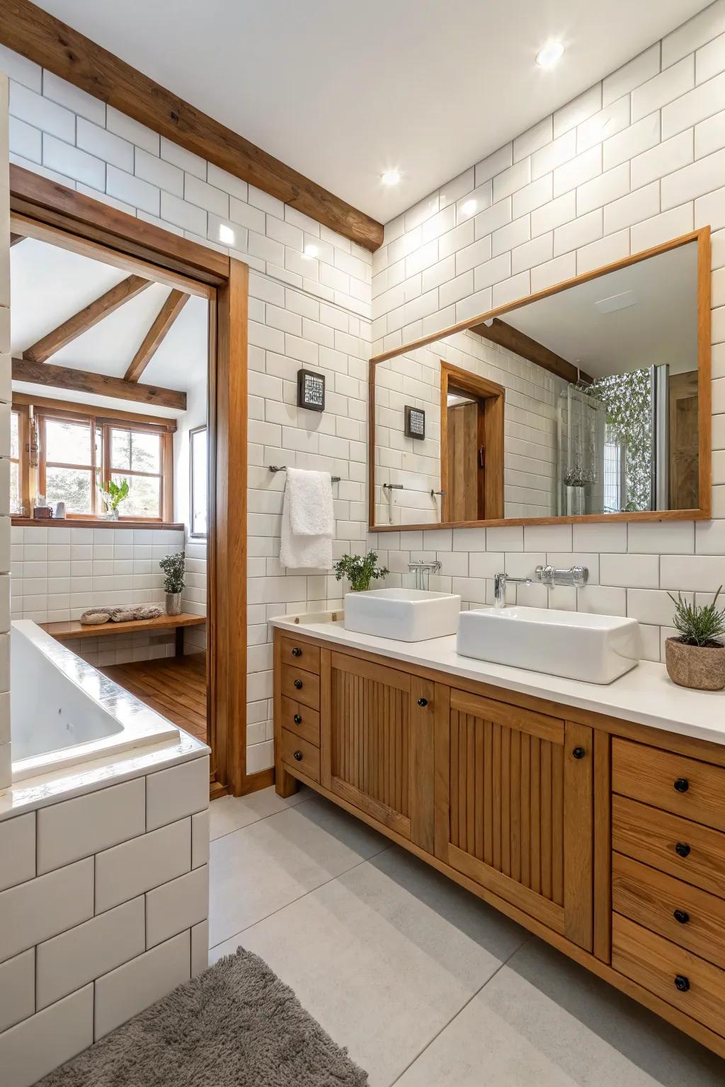 Mixed materials add texture and dimension to a bright tiled bathroom.