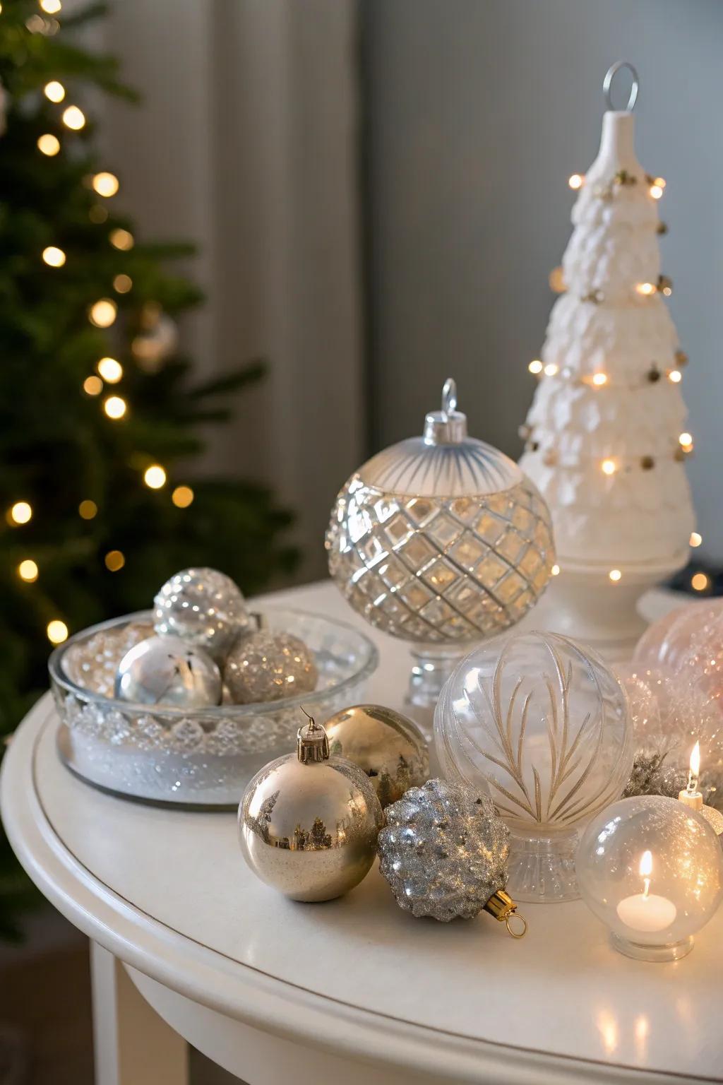 Glass and crystalline components introduce a captivating shimmer to your holiday design.