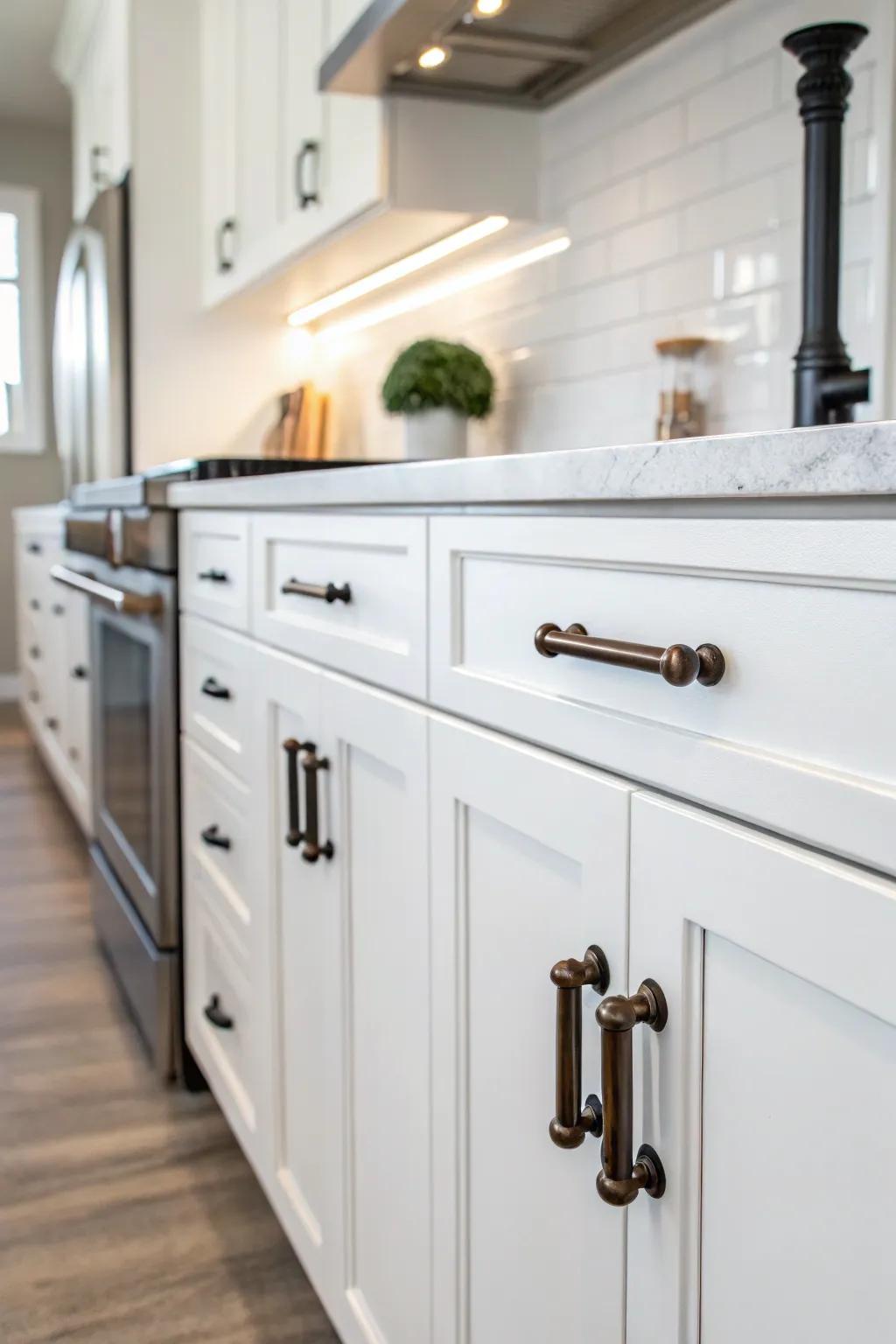 Rich oil-rubbed bronze hardware adding vintage allure.