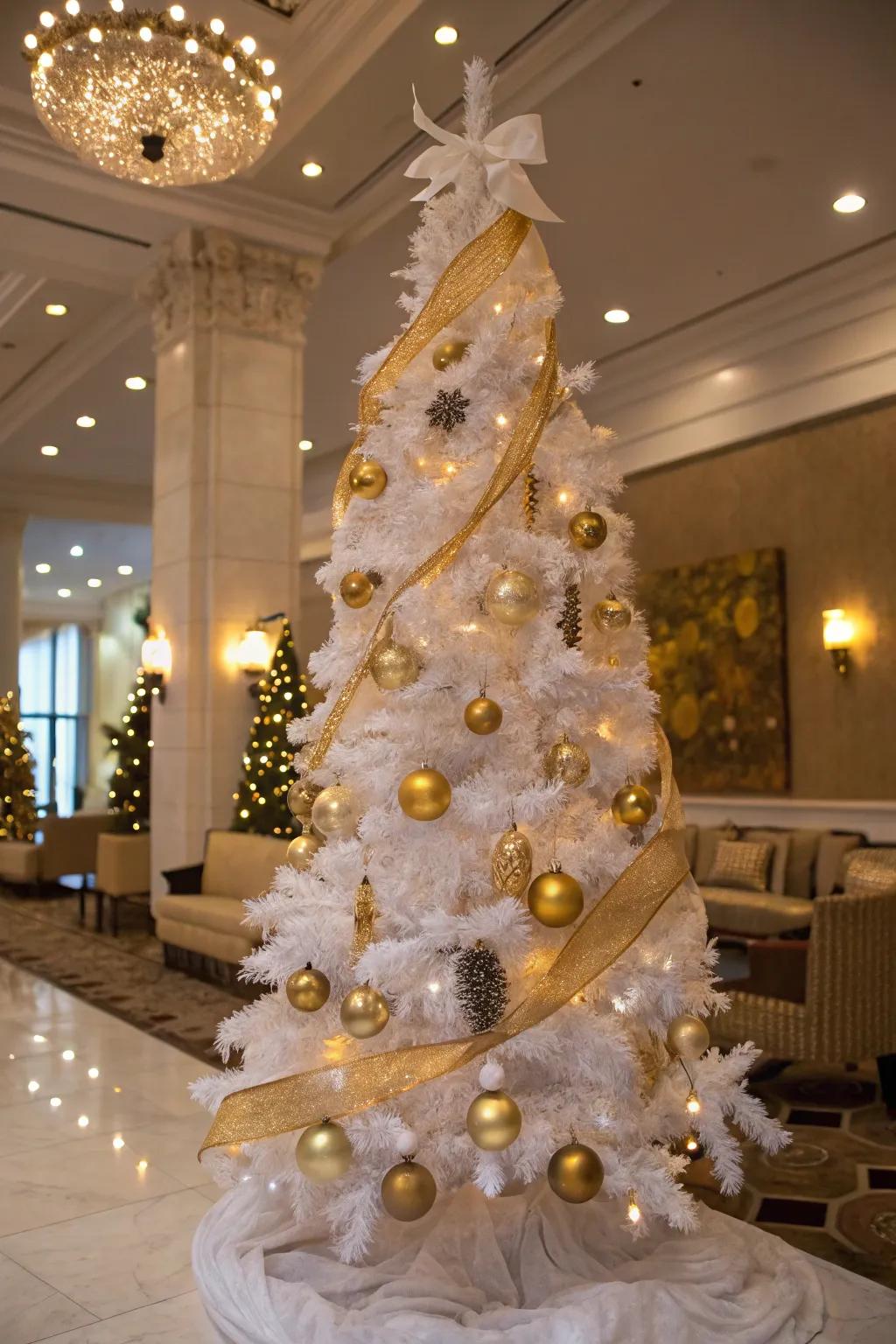 A glitzy gold-themed white pencil tree with metallic features.
