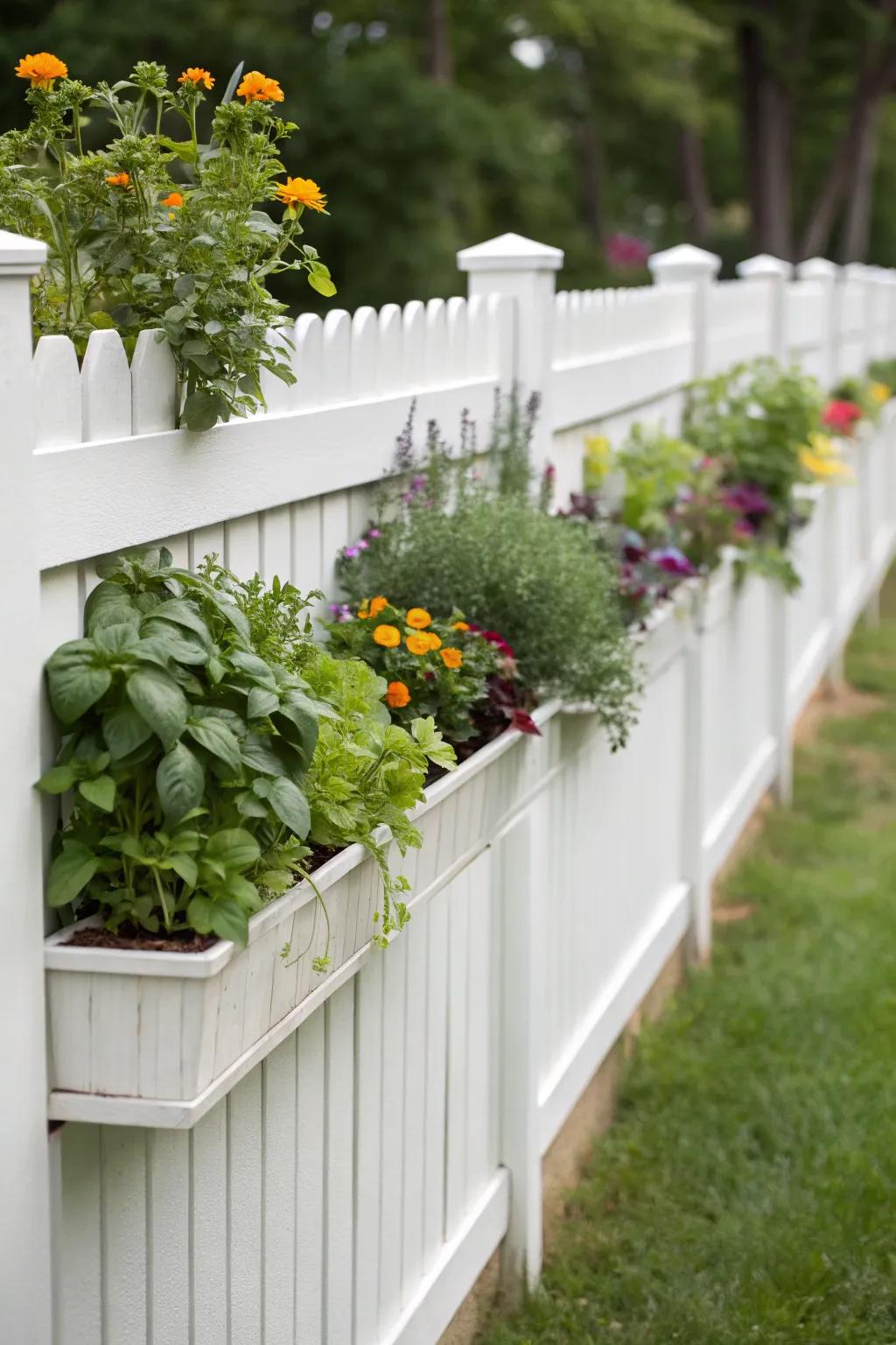 Flora display boxes on a white fence contribute both practical and aesthetic value to the garden.