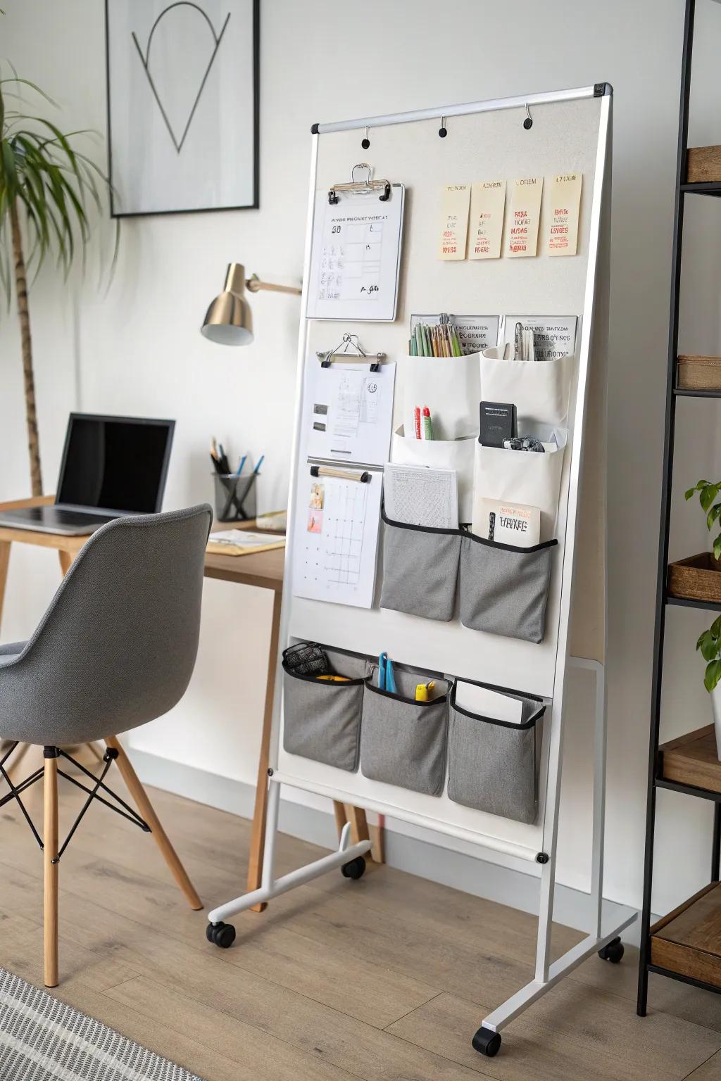 Compartments on a whiteboard provide stylish and practical storage.