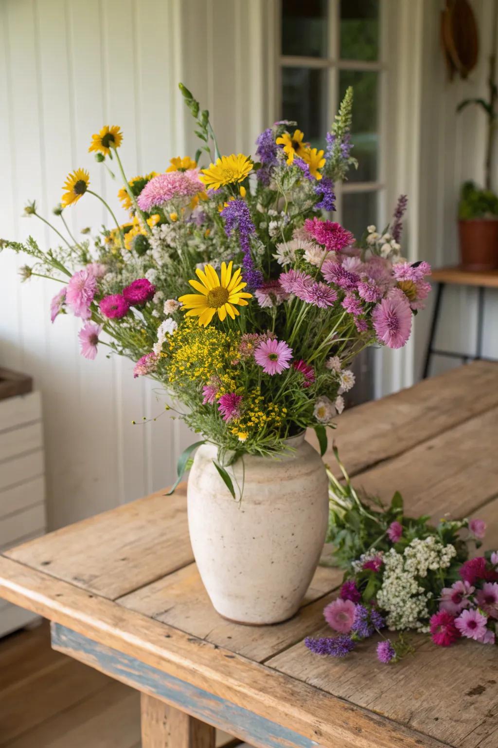 A field-to-vase configuration introduces outside beauty indoors.