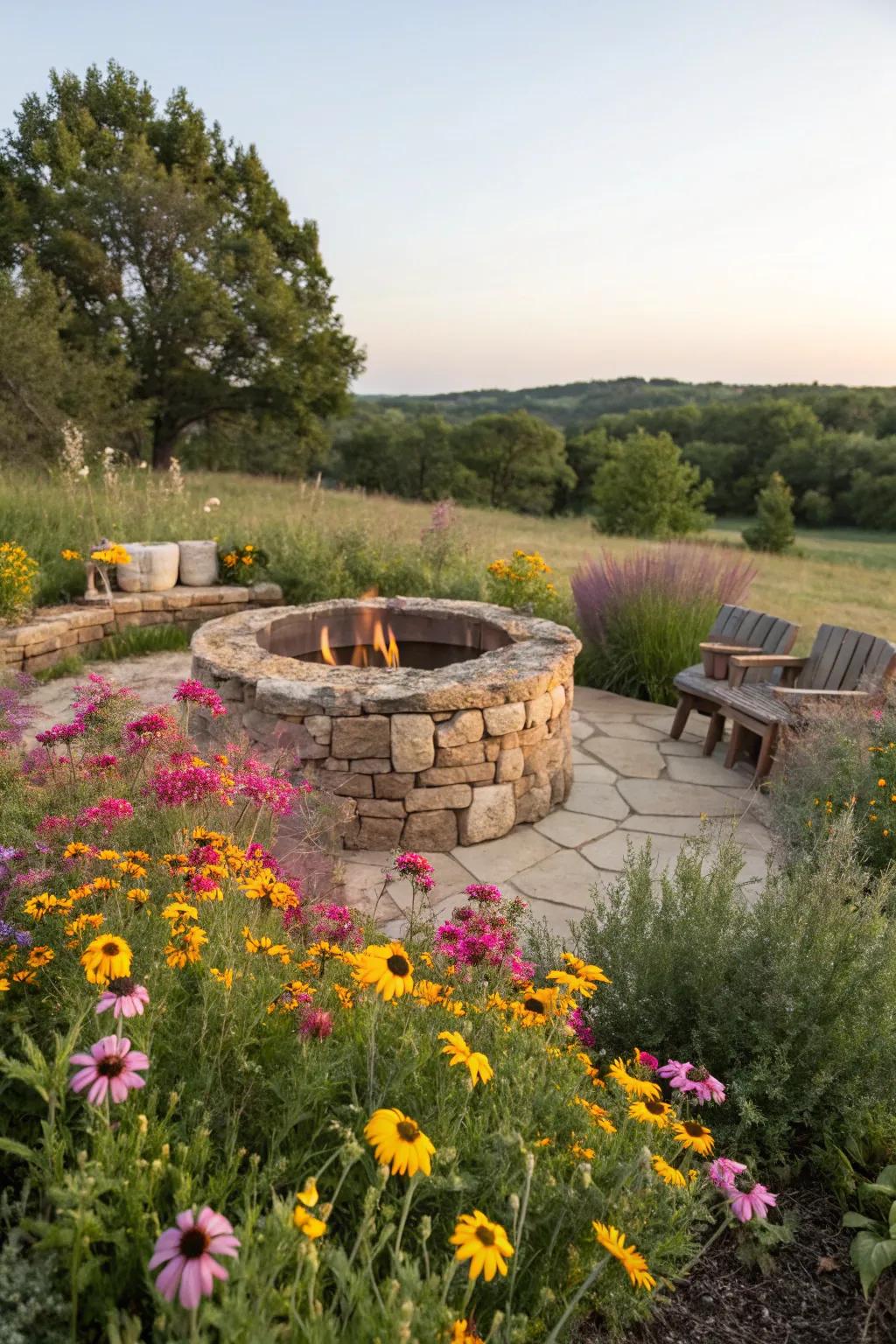 A welcoming fire pit area surrounded by colorful wildflowers.