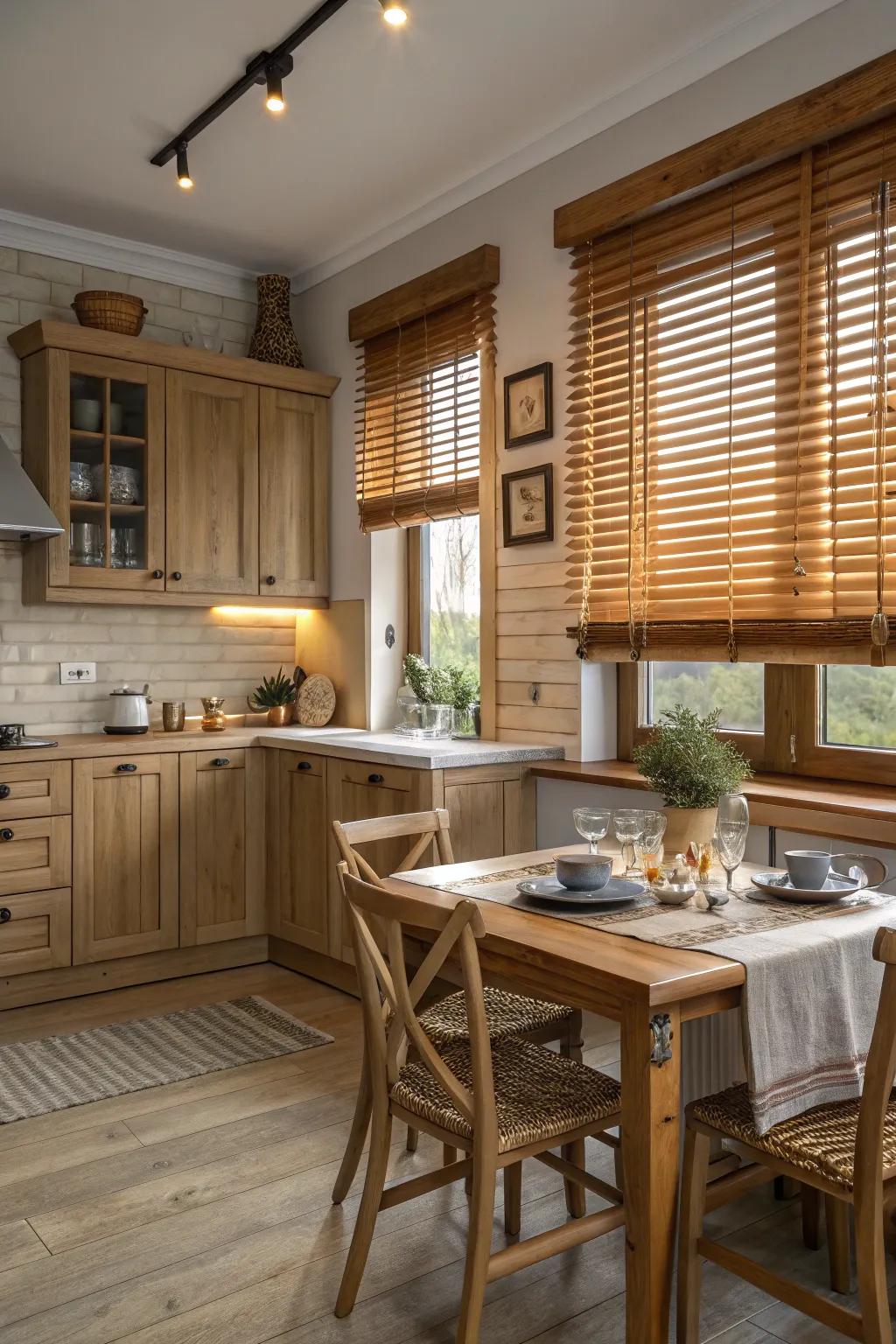 A cooking area is made more elegant by classic timber blinds.