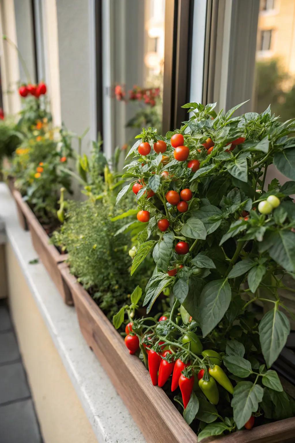 A flourishing window box filled with cherry tomatoes and peppers