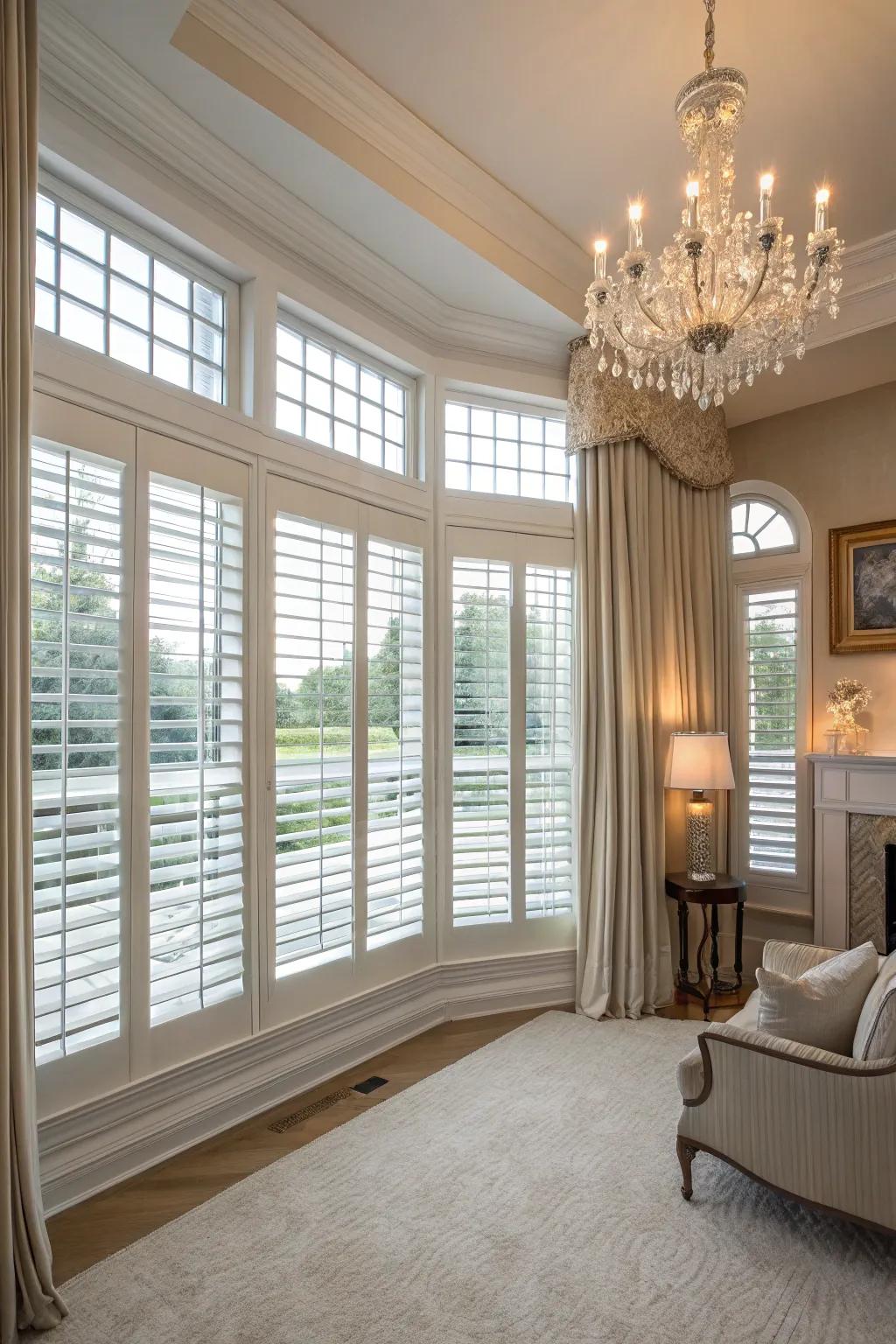 Estate shutters add classic sophistication to expansive windows.