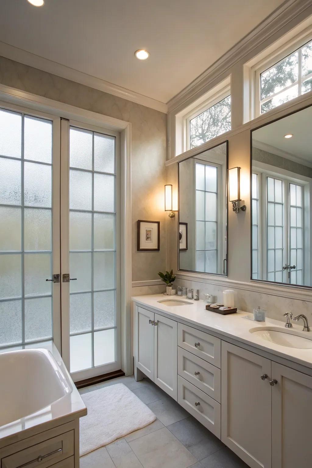 Obscured glass balances privacy with light.