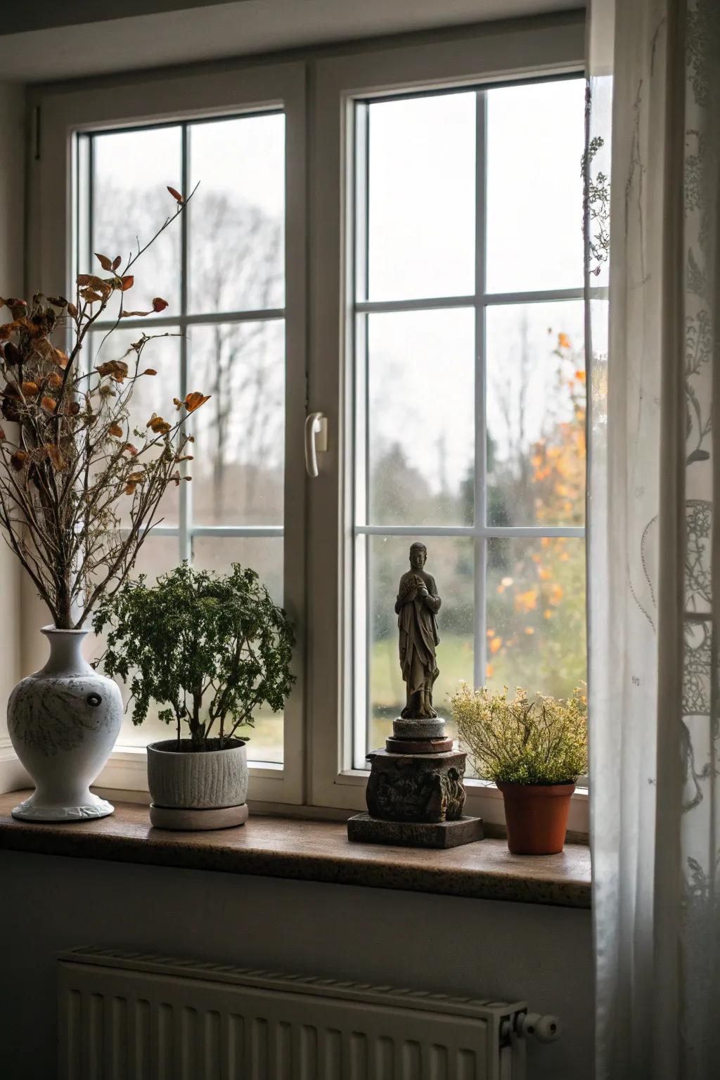 A small sculpture includes an artistic flair to this window sill.