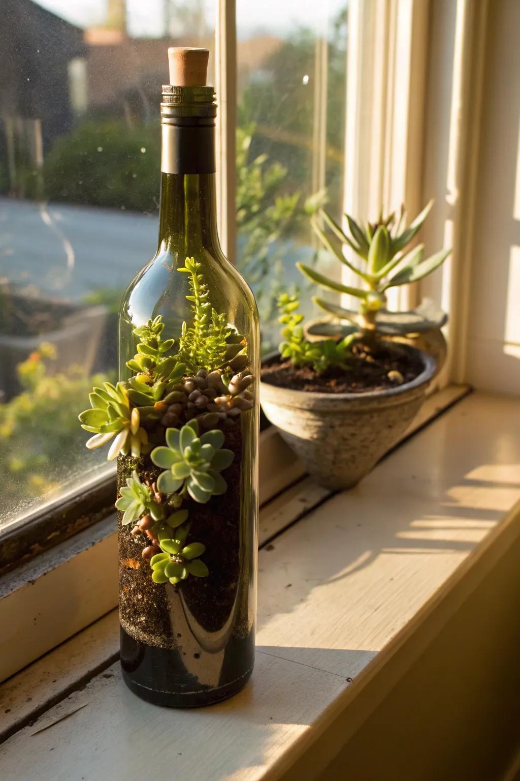 Grape juice containers as drought-tolerant plant planters make for eco-friendly decor.
