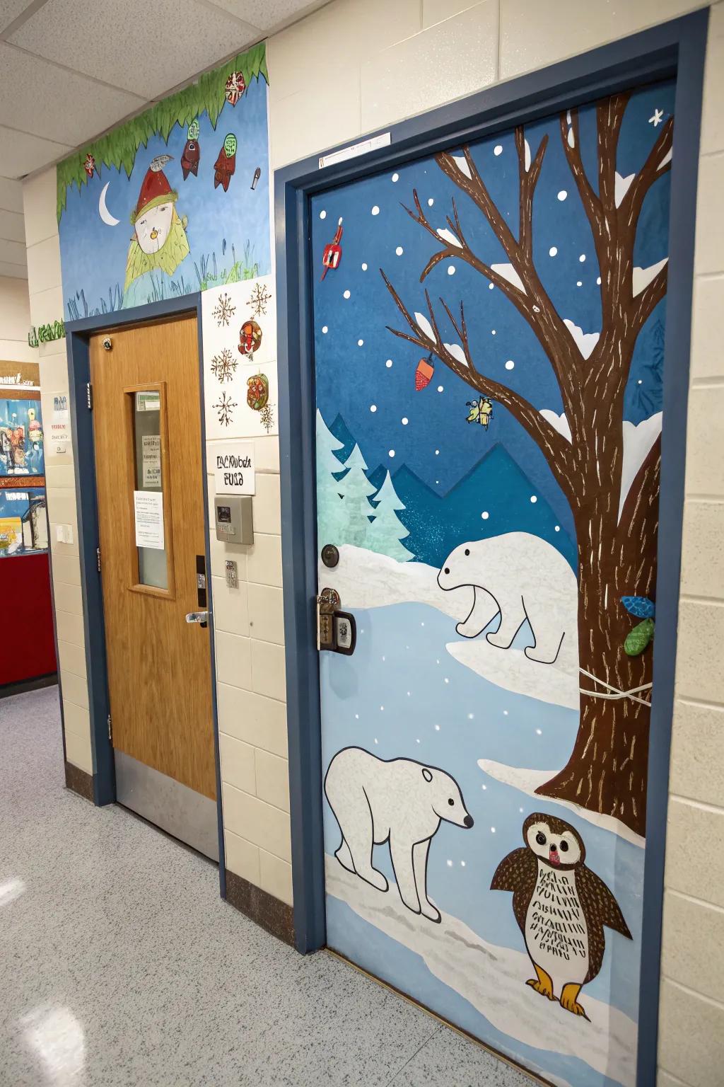 A winter animal kingdom brings educational charm to this door