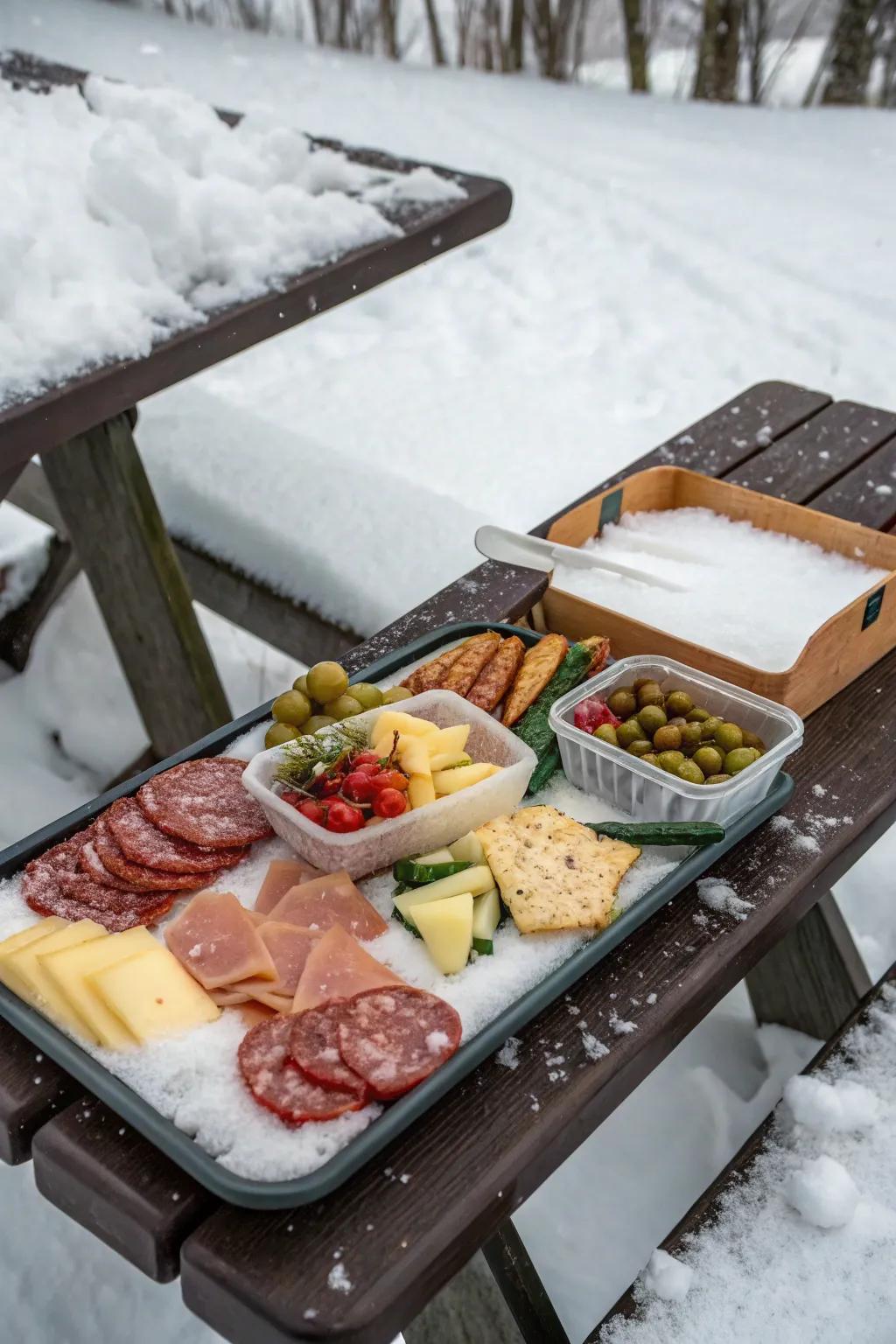 Charcuterie board is ideal for a winter picnic.