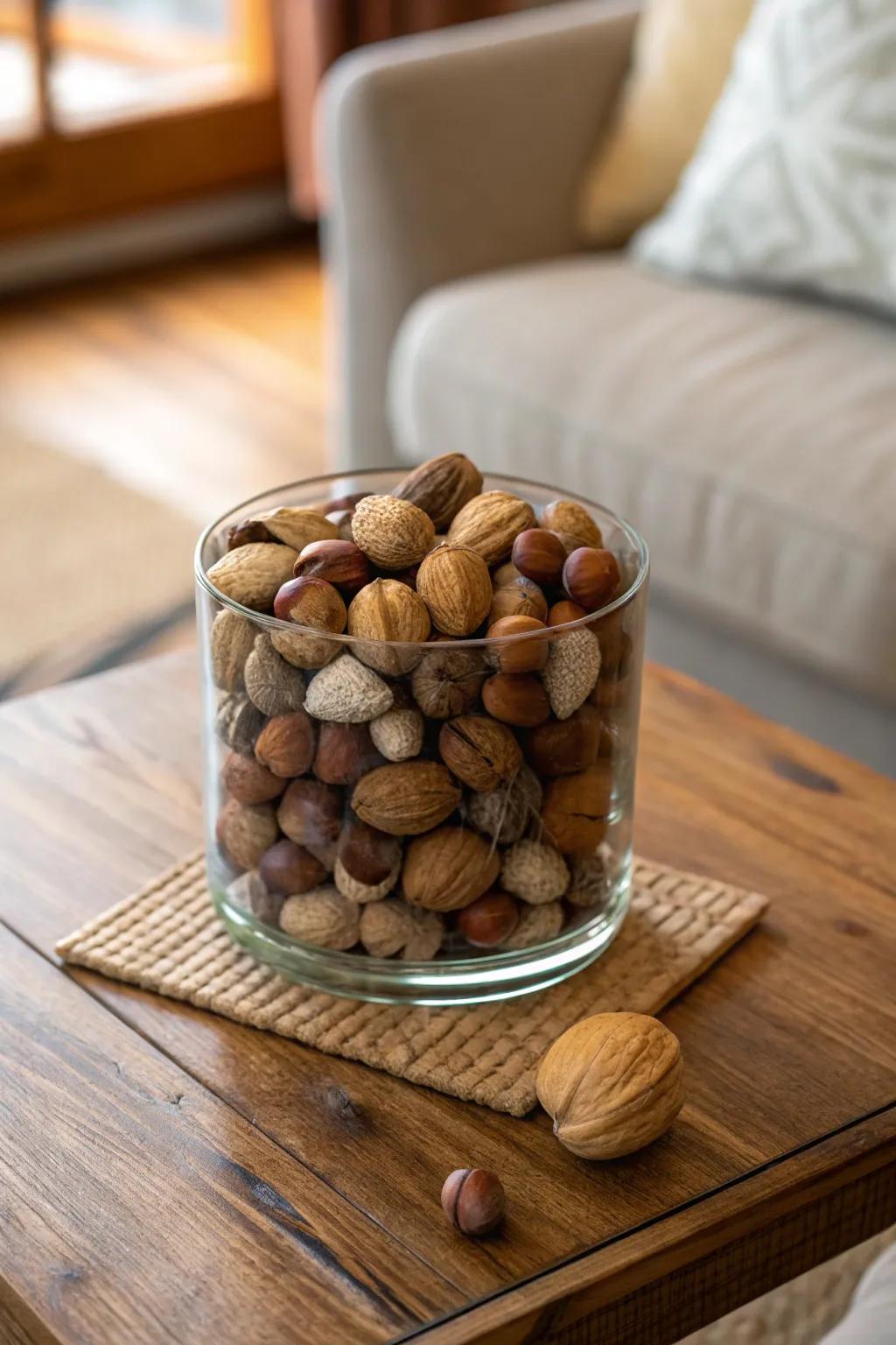 A nut-filled vase incorporates warmth and texture to your decor.