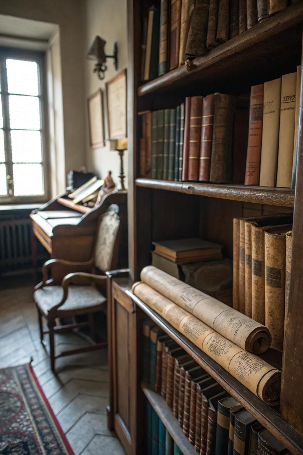 Aged tomes and parchments for an academic witch vibe.