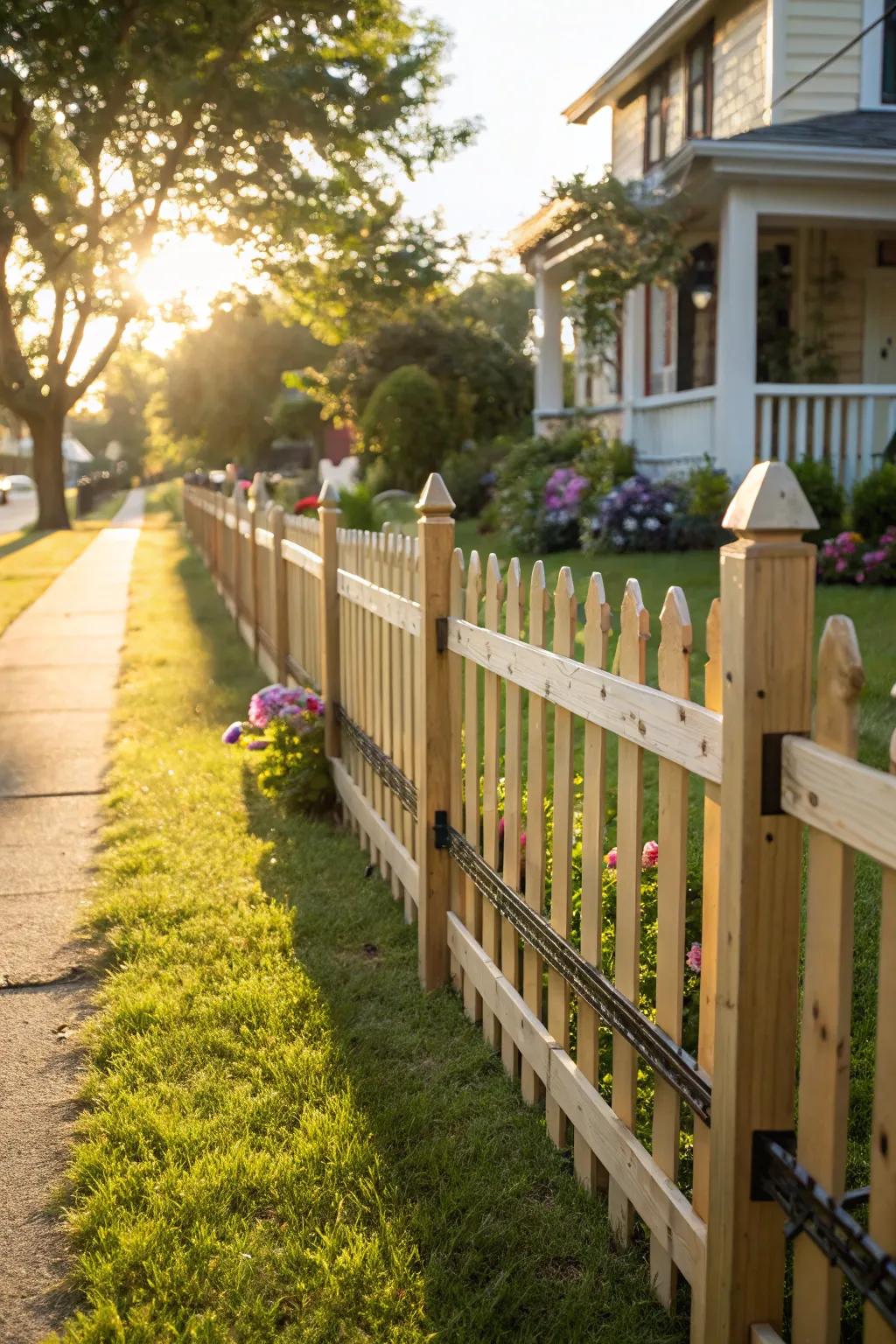 A charming open picket fence enhanced with timber and metallic touches.