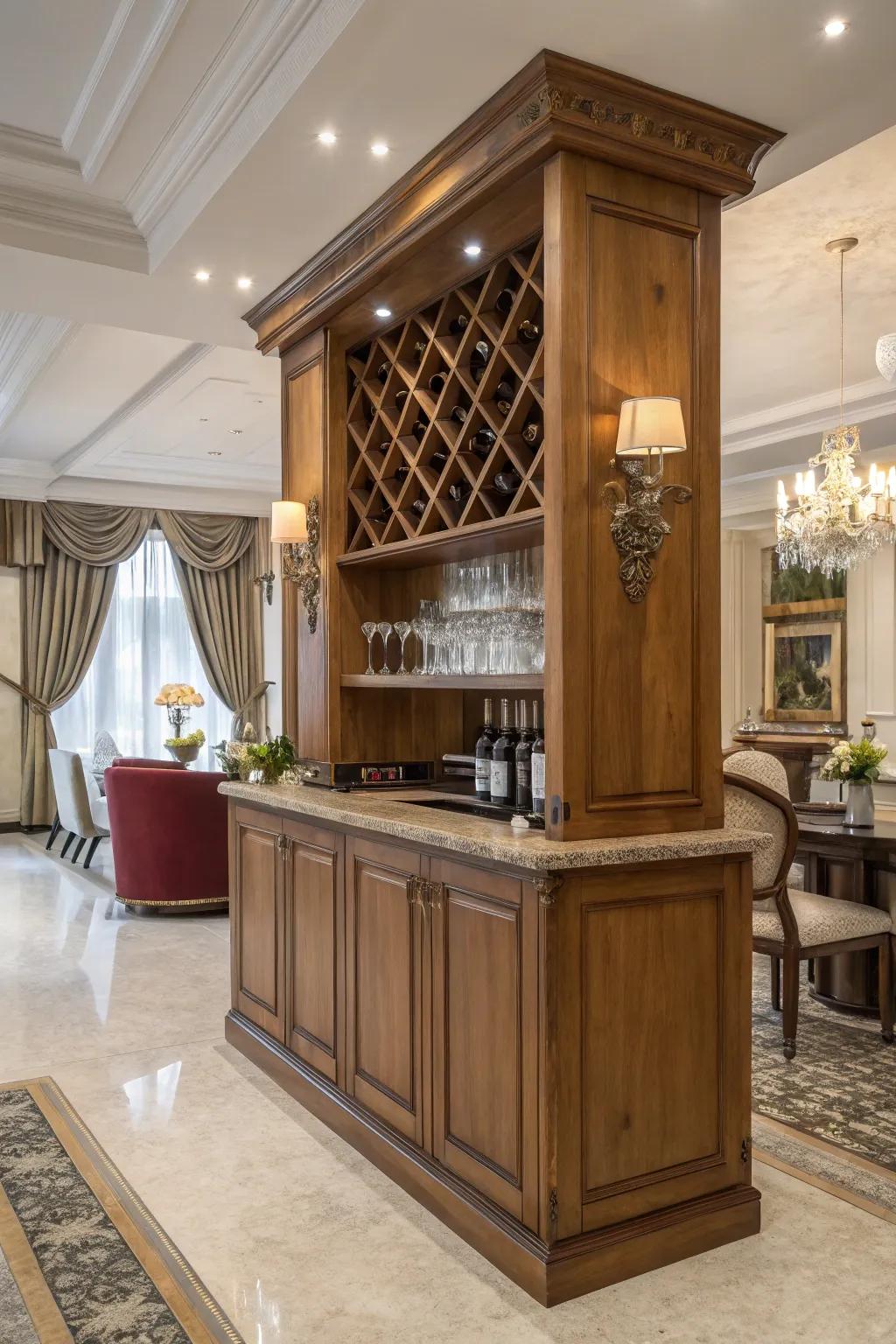 A timber bar featuring a built-in wine rack for elegant entertaining.