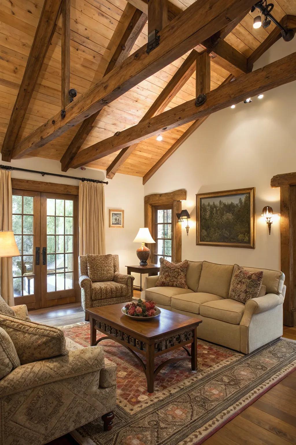 Welcoming family room featuring thoughtful seating around timber supports.