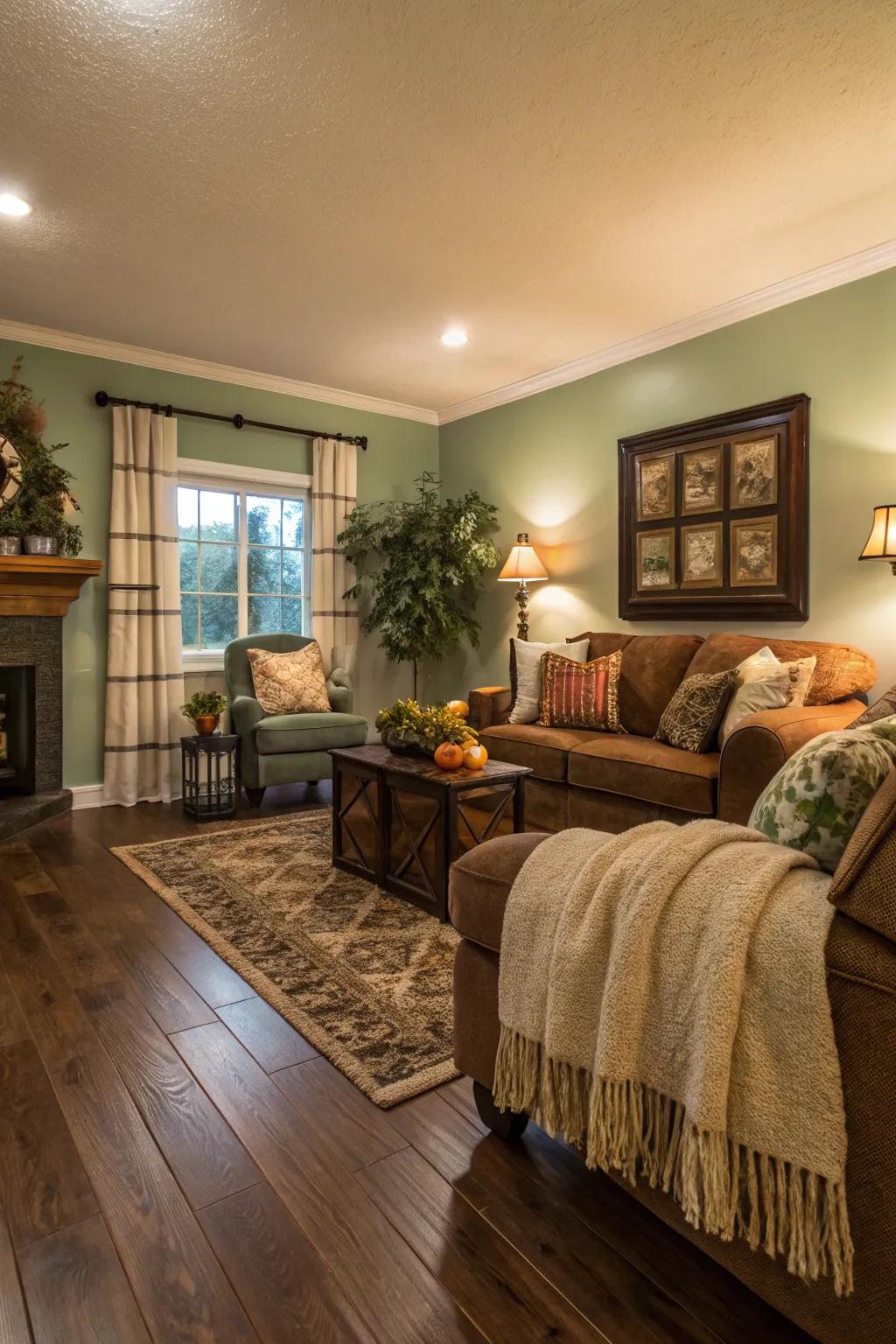 Cozy lounge featuring textured hand-tooled lumber flooring.