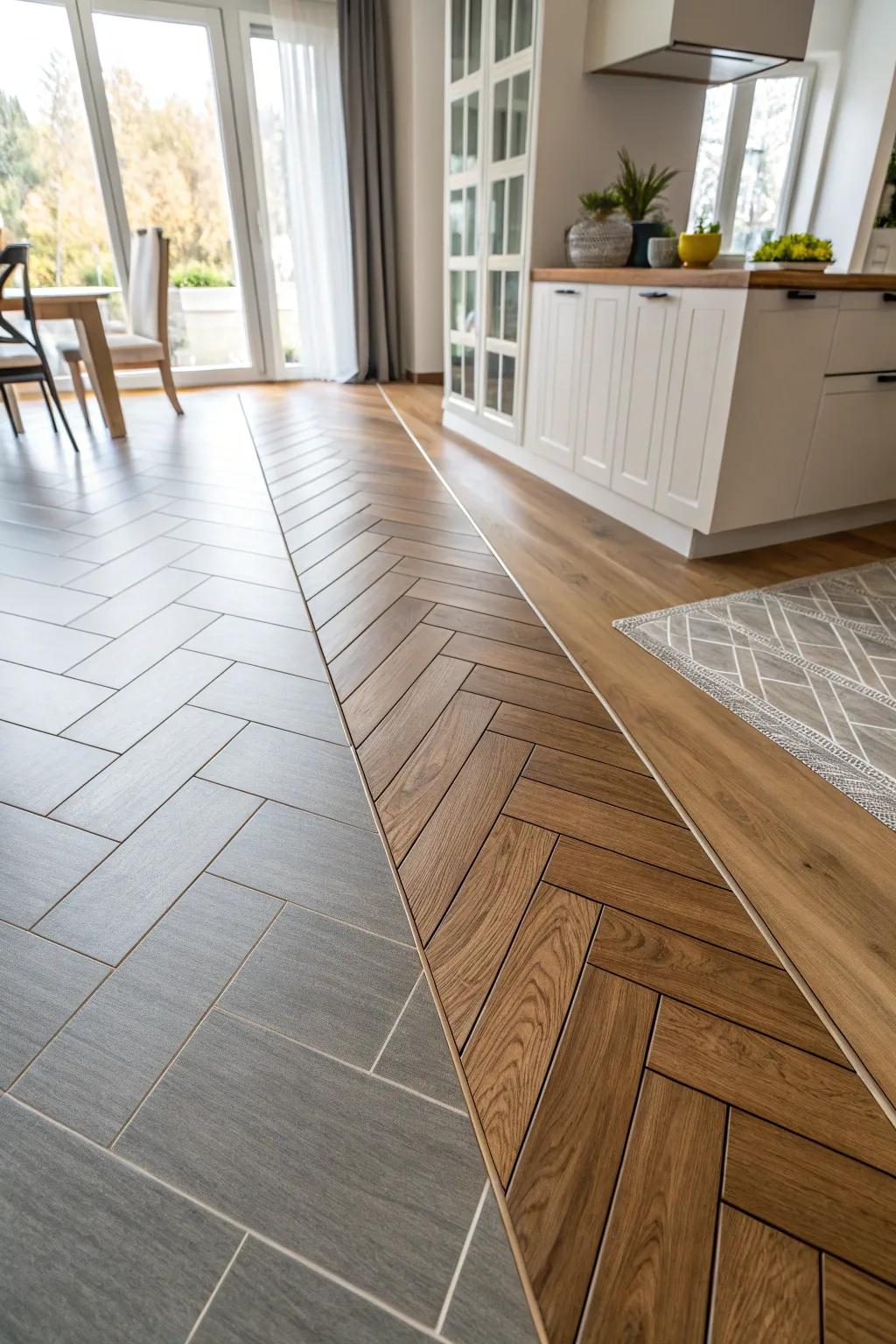 A contemporary interior showcasing a diagonal shift between wood and tiled flooring.