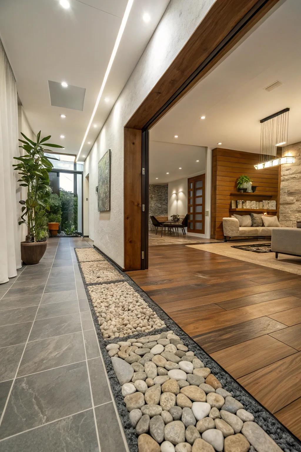 Material assortment, such as wood, tile, and stone, augments texture and curiosity in shifts.