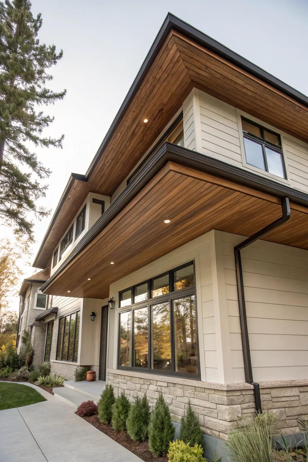 Pecan wood soffits offer a sense of luxury and comfort.