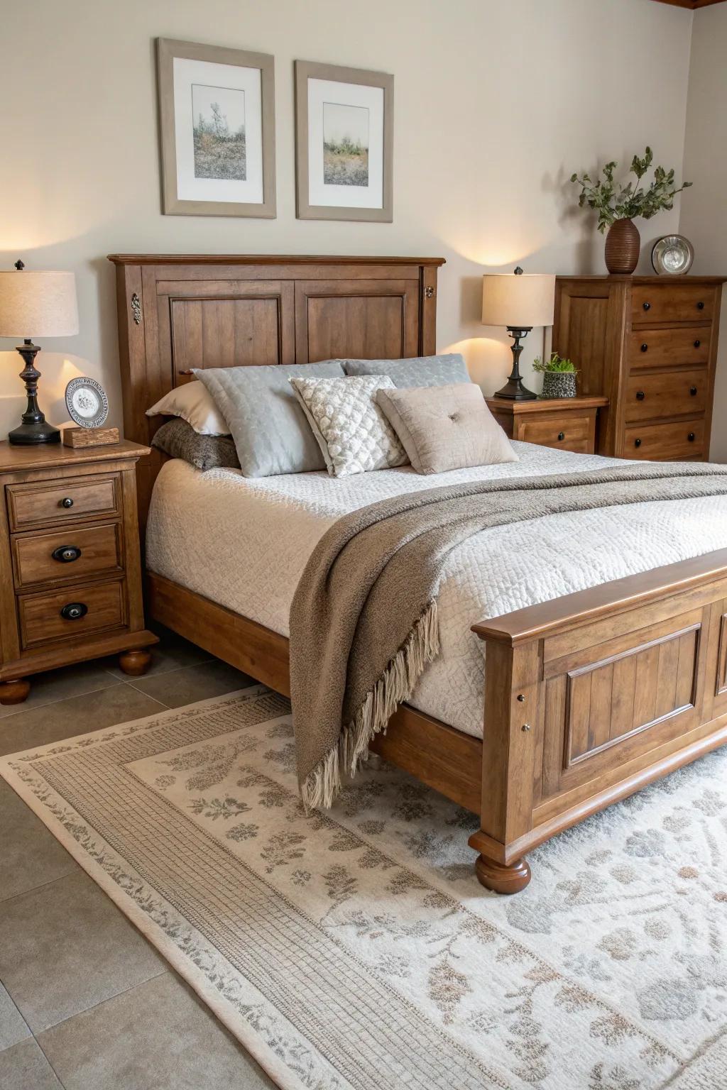 Matching accents enhance this wood bed arrangement.