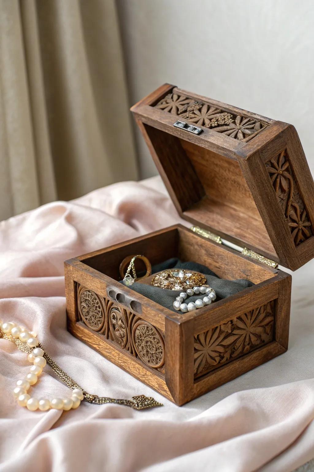 A timber jewelry casket holding precious keepsakes in style.