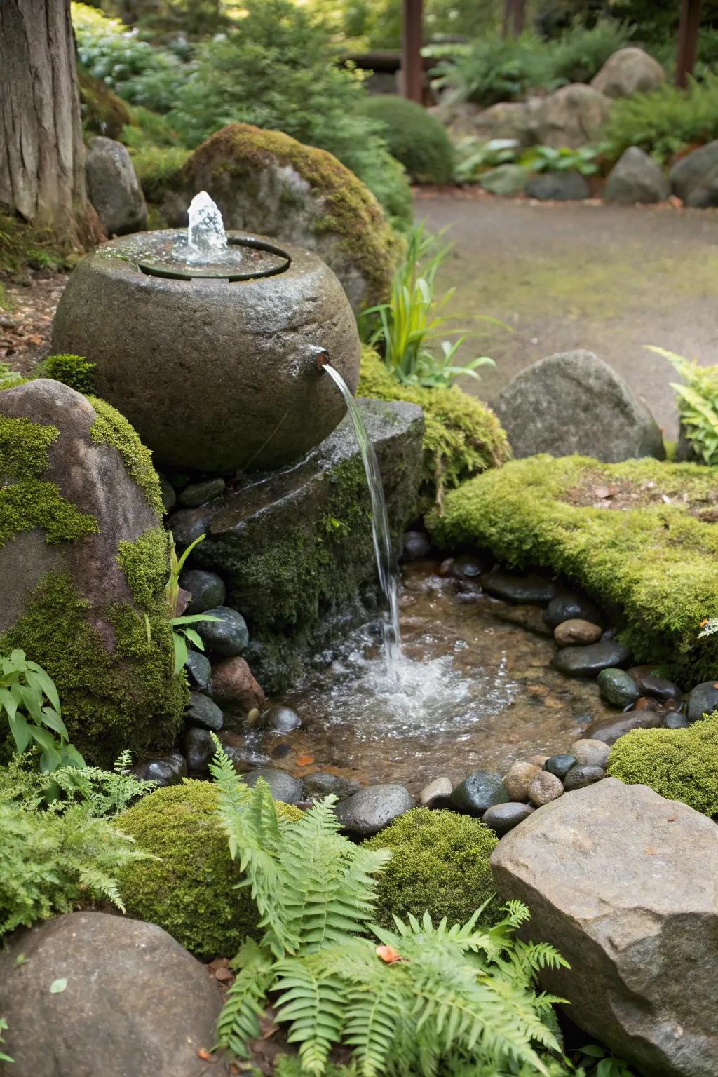 A murmuring stone spring bringing energy and acoustics to a rock garden.