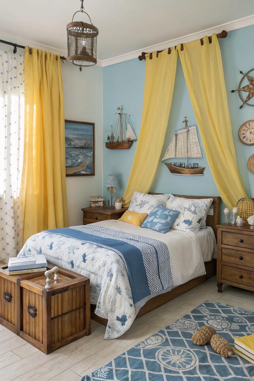 Yellow window coverings paired with maritime decor establish a coastal atmosphere in the bedroom.